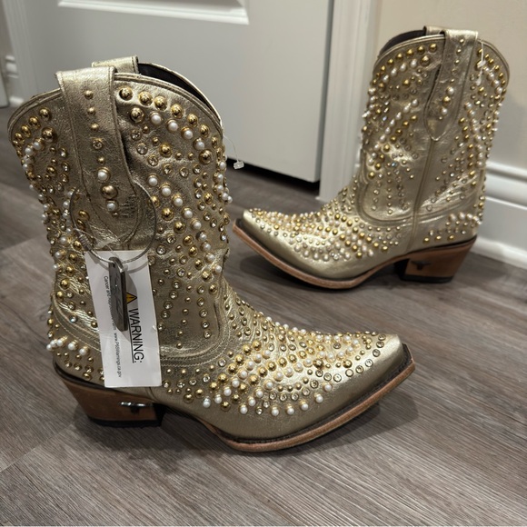 Lane Dolly Pearl Stud Jeweled Cowboy Western Metallic Gold Leather Bootie Boots - Picture 2 of 14